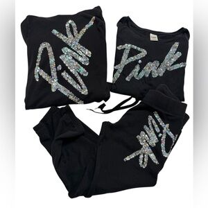 RARE VS PINK Black Iridescent Sequin Logo Set Hoodie & Tee M / Joggers S Bling